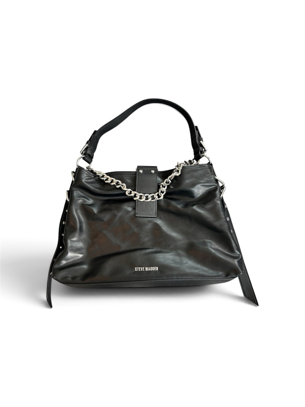 Steve Madden Balyssab Large Black Leather Shoulder Bag Chain Detail OS
